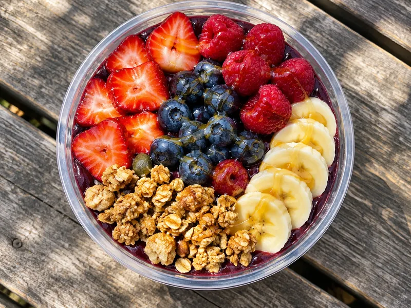 Açaí bowl topped with strawberries, blueberries, raspberries, banana and granola