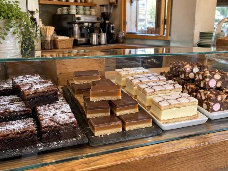 Brownies, caramel squares and vanilla slices in a glass display