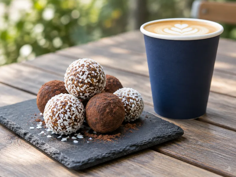 Flat white in a navy takeaway cup with protein balls on a slate board