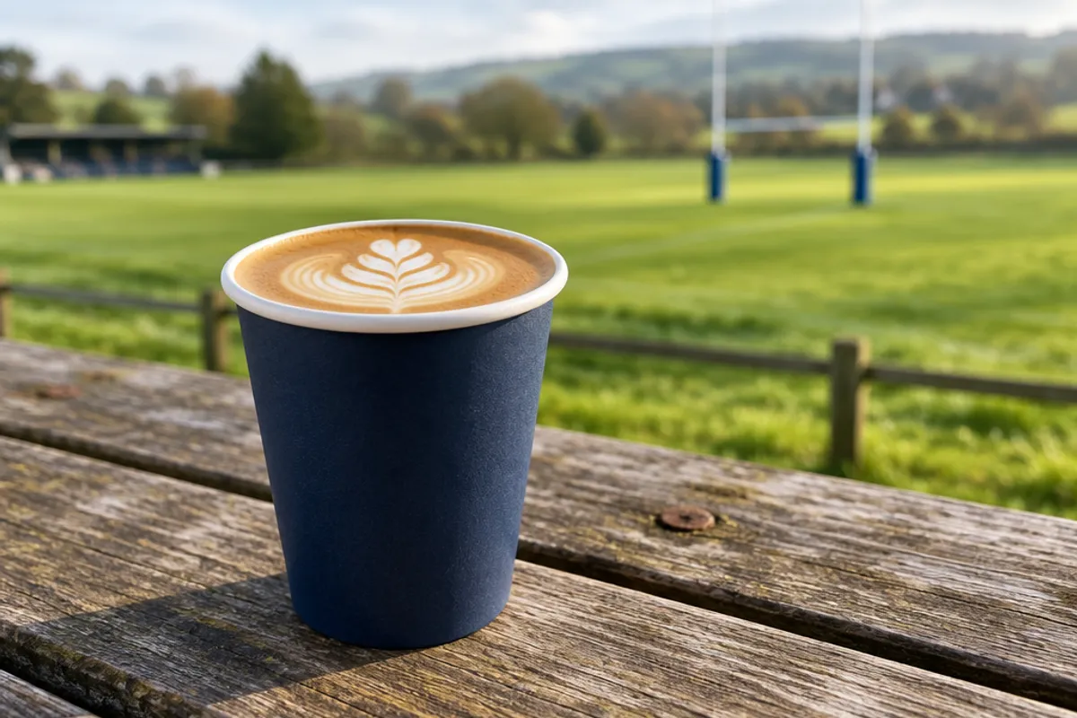 Latte with latte art in a navy takeaway cup on a picnic table beside a rugby pitch